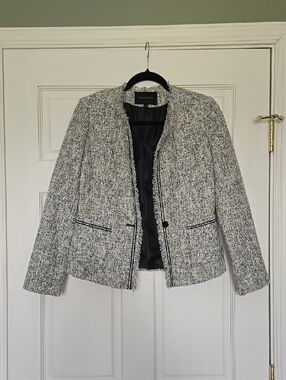 Banana Republic Black and White Tweed Fringe-Trim Blazer